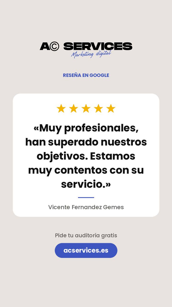 Reseña en Google de Vicente Fernandez Gemes, cinco estrellas: «Muy profesionales, han superado nuestros objetivos. Estamos muy contentos con su servicio.»