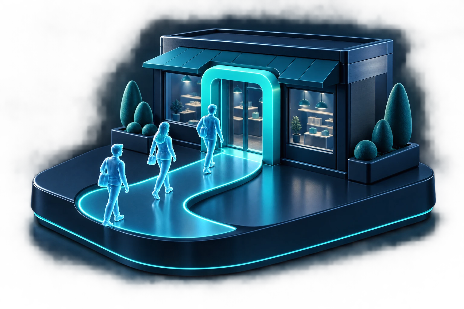 Maqueta 3D de un comercio y personas acercándose por una ruta luminosa